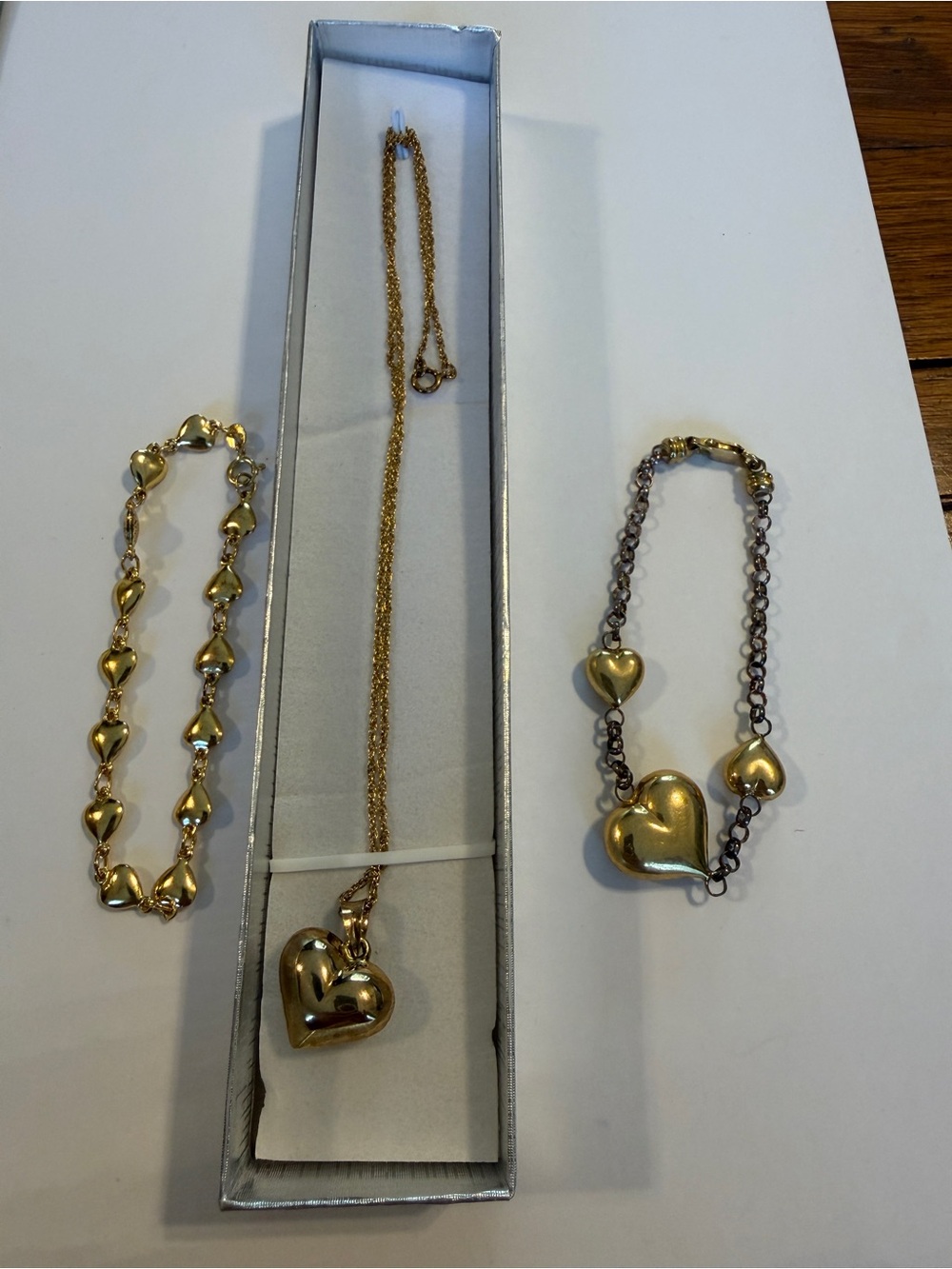 Vintage 925 Gold puffed Heart Pendant Necklace and 2 heart bracelets also 925